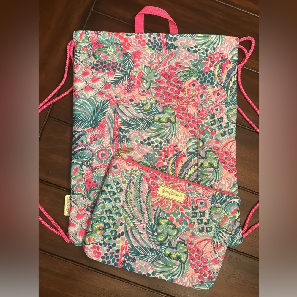 Lilly Pulitzer GWP Quilted Drawstring Bag & Pouch Set: Multi Banana Split